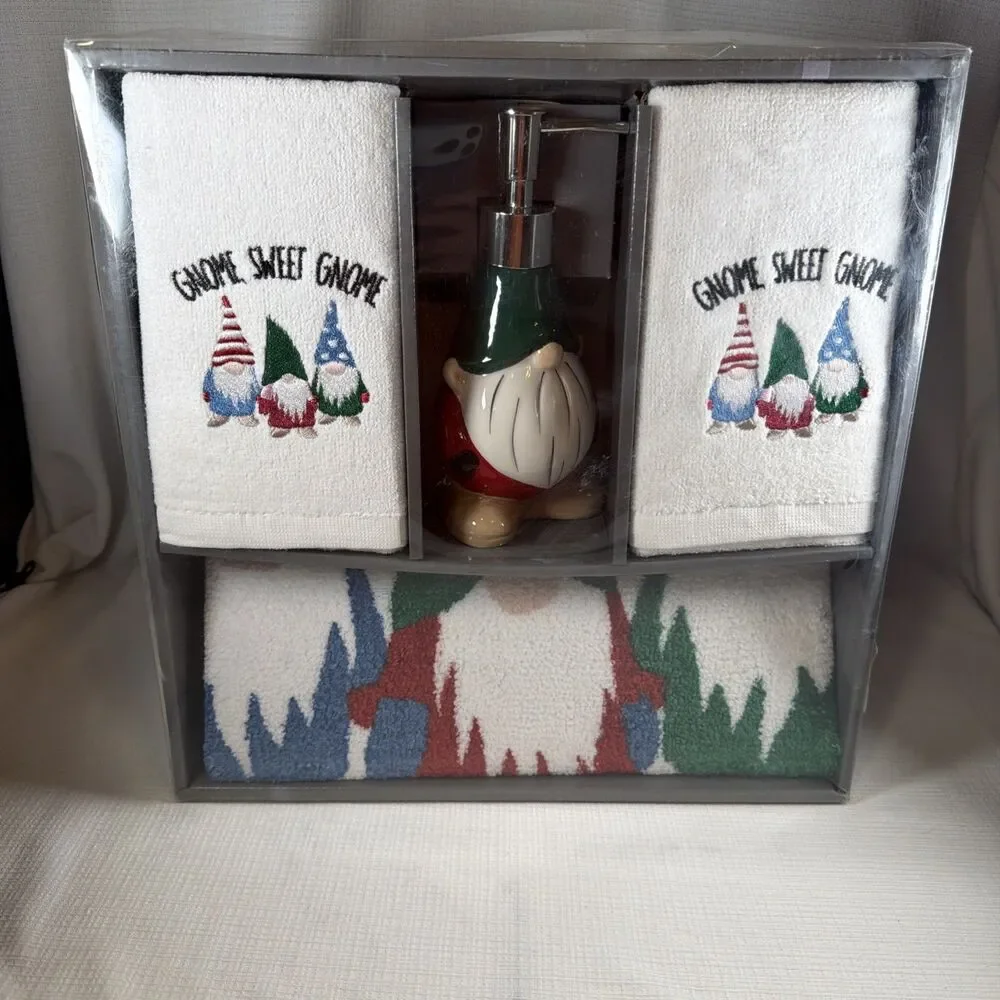 Christmas Gnome Bathroom Set NIB 4pc Soap Dispenser Embroidered Towels Bath Rug